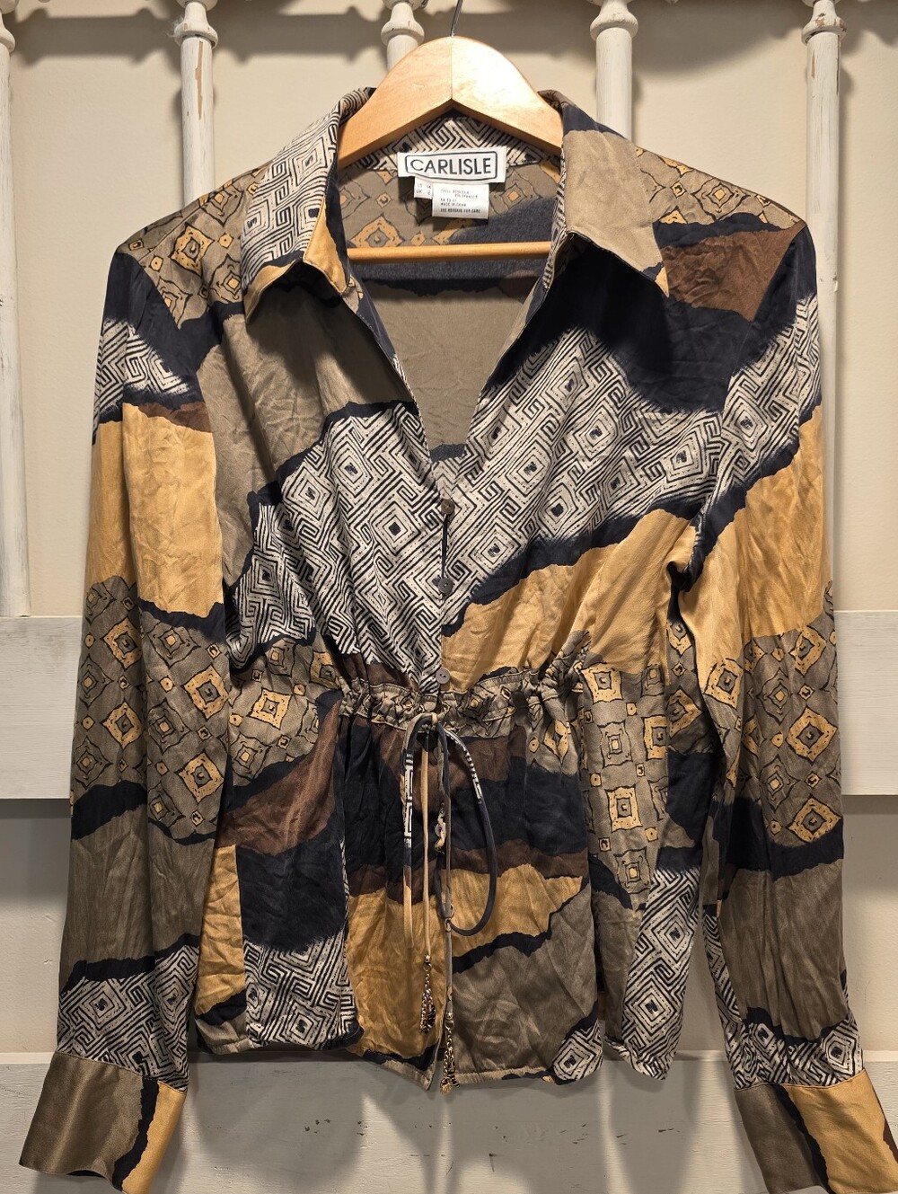 CARLISLE VINTAGE SILK Tribal Patterned Drawstring Waist Blouse ~ Flawless